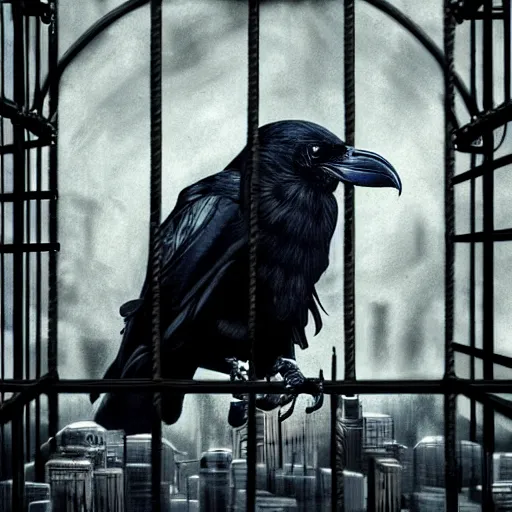 Prompt: a photo of black raven inside cage, city landscape, digital painting, insane details, hyper realistic, apocalyptic, artstation, sharp, focus, award winning, conceptual art, 4 k