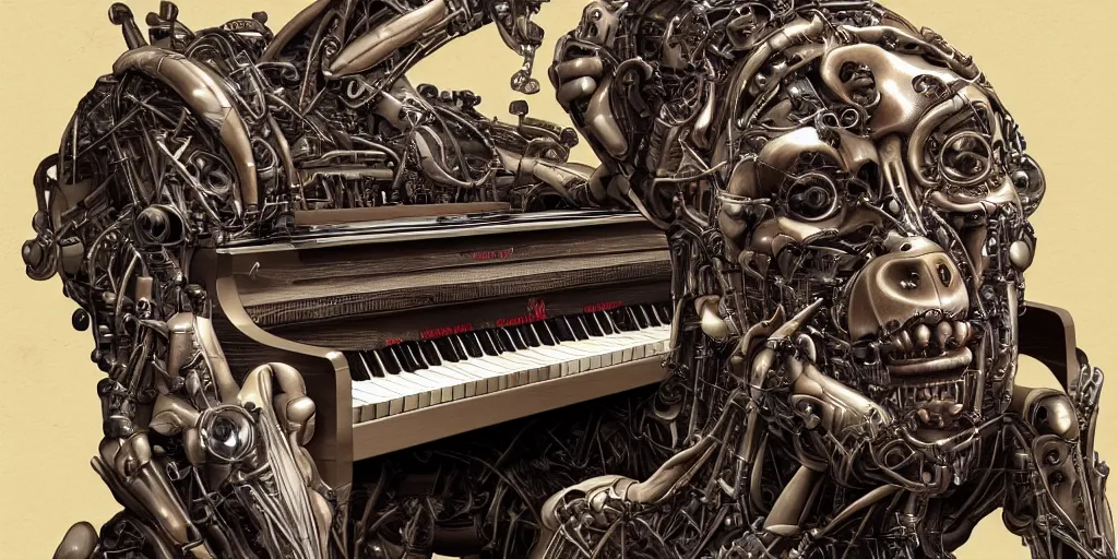 Image similar to portrait of a cyborg monkey who plays piano, biomechanical, hyper detailed, trending on artstation