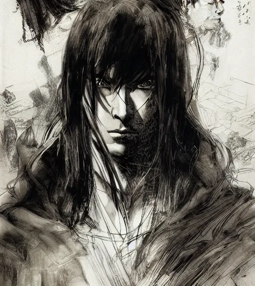 Prompt: portrait of anime man with long dark hair wearing a dark robe, pen and ink, intricate line drawings, by craig mullins, ruan jia, kentaro miura, greg rutkowski, loundraw