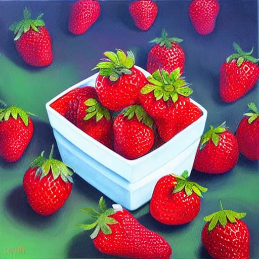 Image similar to a surreal oil painting of a strawberry plant with giant strawberrys, album cover, bright colors