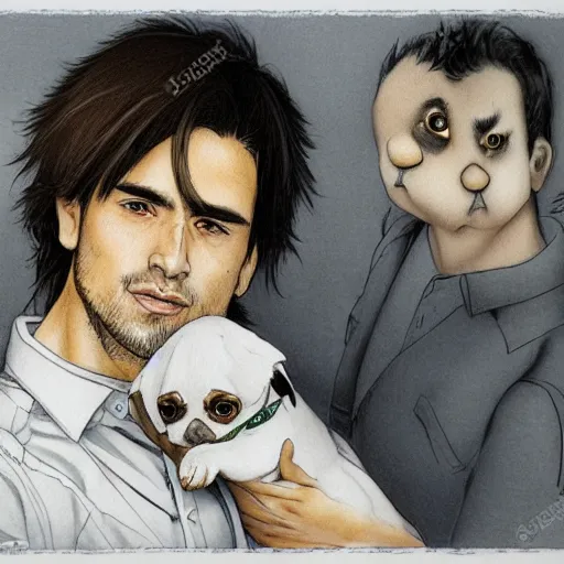 Image similar to self portrait, young white hispanic handsome man with short light brown hair and light skin and a 5 o clock shadow, holding a pug for a picture, pencil art, added detail, high definiton, colored, backfacing, illustrated by yoji shinkawa