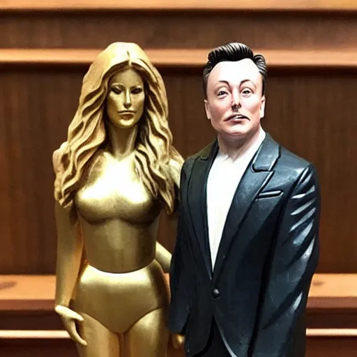 Prompt: “elon musk and amber heard statue made of wood, overlooking a courtroom, highly detailed, intricate”