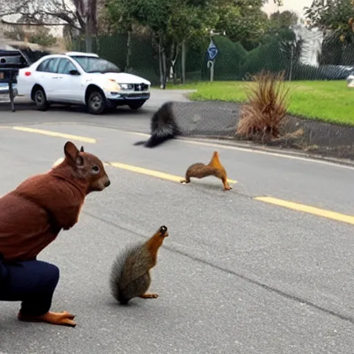 Image similar to a dog-cop ticketing a squirrel with a fine for speeding