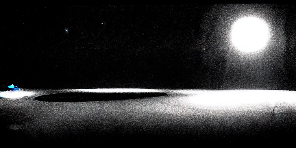 Image similar to low angle shot of a space port on Jupiter at night, set design by Ed Wood, in the style of Jim Jarmusch, shot on film, grainy, hyperrealistic, b&w