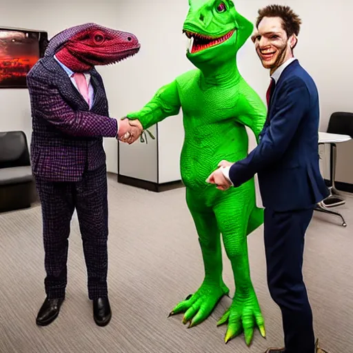 Prompt: The Joker shaking hands with an anthropomorphic dinosaur who is wearing a suit in an office, 8k, detailed,