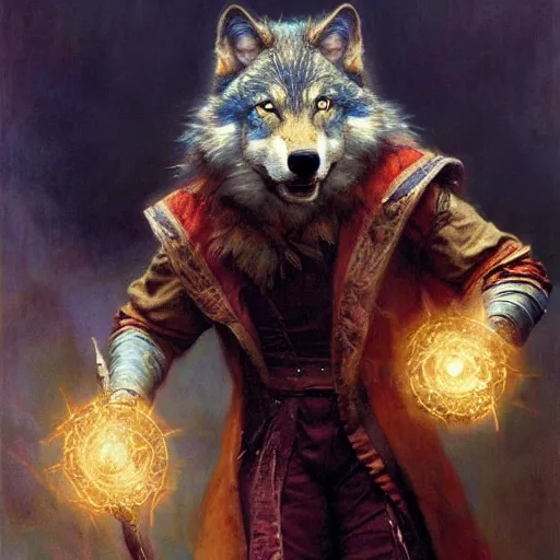 Prompt: stunning male master wizard transforming into wolf, highly detailed painting by gaston bussiere, craig mullins, j. c. leyendecker, 8 k