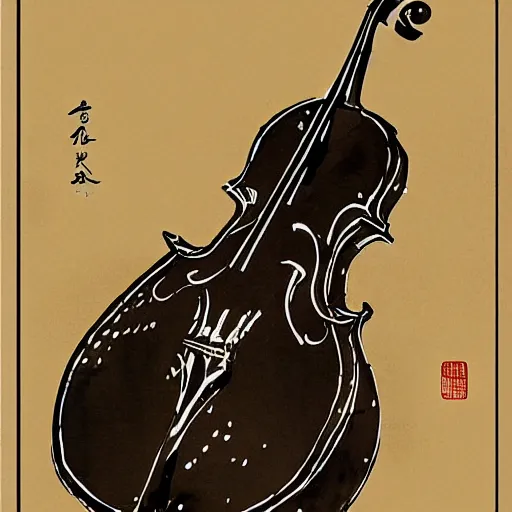 Image similar to a beautiful chinese coloerd ink painting of a cello surrended by montain and river, by Victo Ngai, Trending on artstation, light effect,detailed , high-definition,
