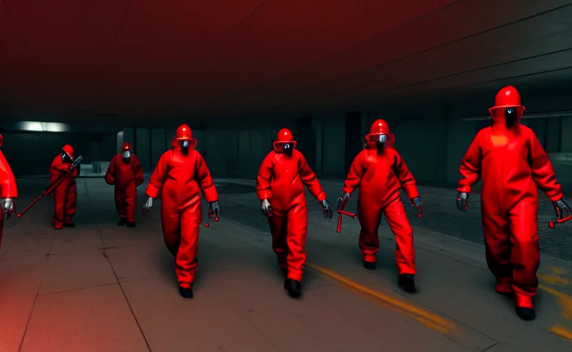 Prompt: in-game screenshot of a group of dark red hazmat scientists holding guns walking on unreal engine 5, in a liminal underground garden, photorealistic, retrofuturism, brutalism, staggered terraces, minimalist, soft vintage glow