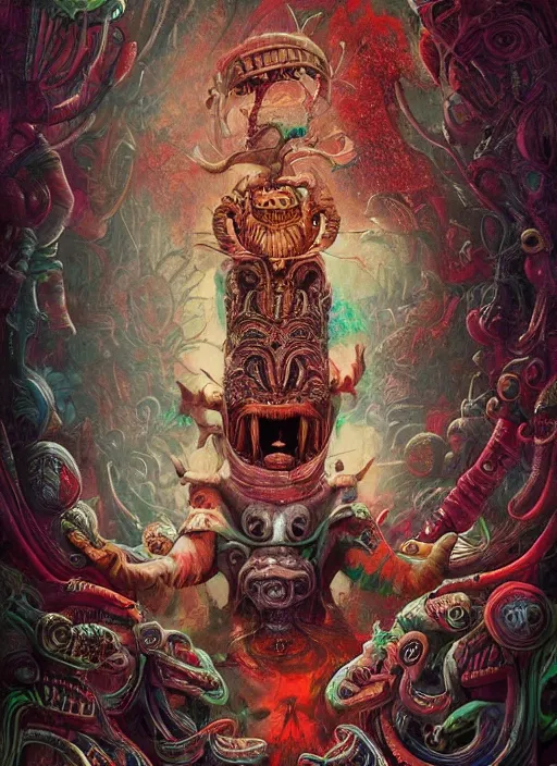 Image similar to alice in wonderland, aztec god, alien, highly detailed, cinematic, 8 k, by megan duncanson, benjamin lacombe, adrian borda, stanley artgermm, tom bagshaw, craig mullins, carne griffiths, ayami kojima, beksinski, giger, trending on deviantart, hyper detailed, horror, full of colour