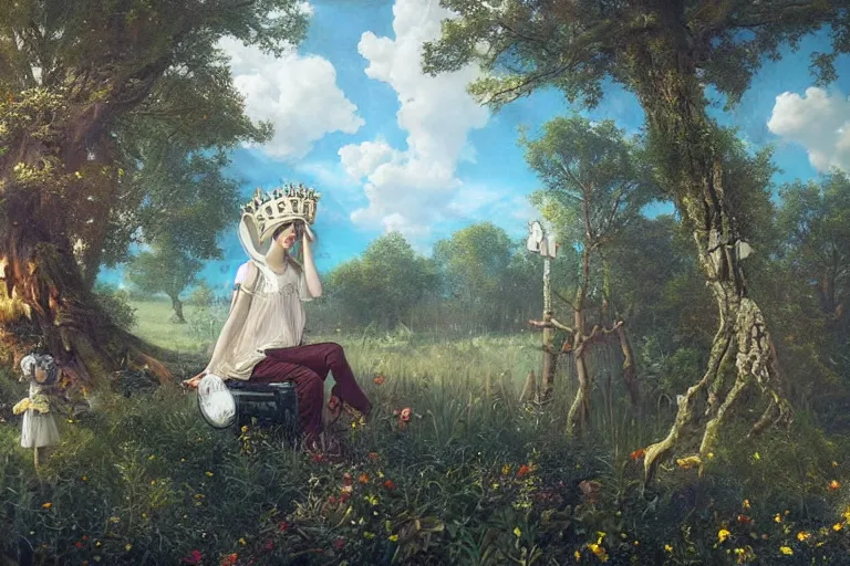 Prompt: landscape, trees with popcorn crowns, surreal by Tom Bagshaw, Ivan Shishkin, Hans Thoma, Asher Brown Durand