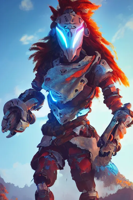 Image similar to combination suit armor aloy horizon forbidden west horizon zero dawn radiating a glowing aura global illumination ray tracing hdr fanart arstation by ian pesty and alena aenami artworks in 4 k tribal robot ninja mask helmet backpack