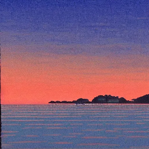 Image similar to A beautiful village by the sea, as the sun sets on the horizon, in the style of kawase hasui