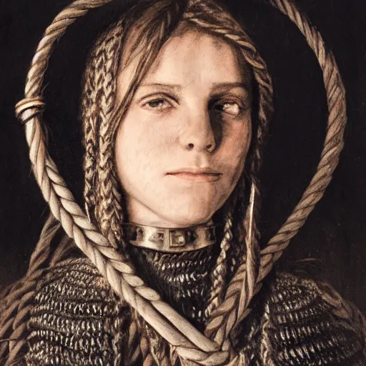 Prompt: potrait of female with cable surrounding her armor