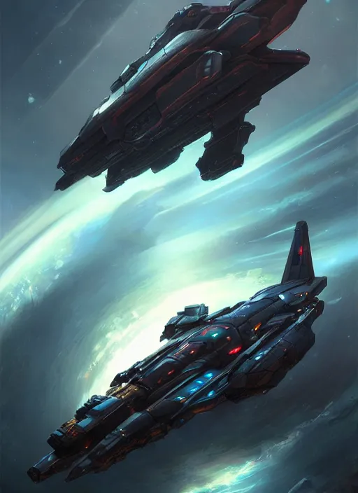 Image similar to A Drake battlecruiser spaceship made of dark steel metal from Eve-online, gorgeous, beautiful, sci-fi, extremely detailed, digital painting, artstation, concept art, smooth, sharp focus, illustration, intimidating lighting, incredible art by artgerm and greg rutkowski and alphonse mucha and simon stalenhag