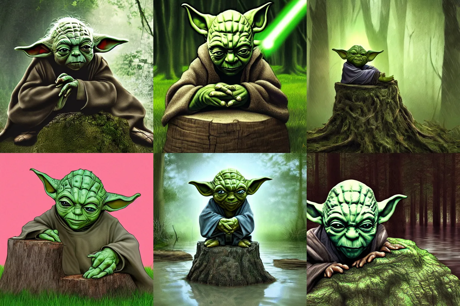 Prompt: Master Yoda, sitting on a stump in the swamp, using the force to levitate a boulder, photorealistic illustration, digital art