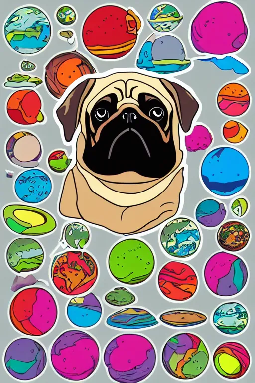 Image similar to Pug as a planet, sticker, colorful, illustration, highly detailed, simple, smooth and clean vector curves, no jagged lines, vector art, smooth