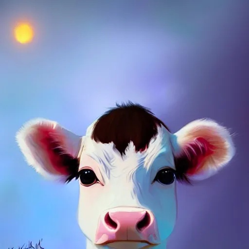 Prompt: very cute baby cow thinks about the cosmic multiverse, close up, anatomically correct, high detailed face, by ilya kuvshinov, greg rutkowski and makoto shinkai, trending on artstation