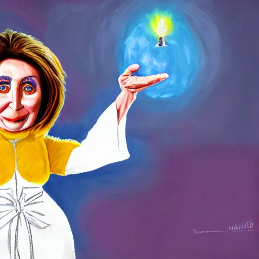 Image similar to « full length portrait of nancy pelosi as an muppet in a white robe and flaming yellow eyes, seven stars in right hand, grim - lighting, high - contrast, intricate, elegant, highly detailed, digital painting, artstation, concept art, smooth, sharp focus, illustration »