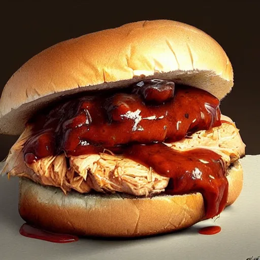 Prompt: a tender chicken sandwich covered in barbecue sauce, Greg Rutkowski