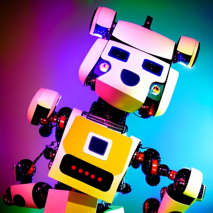 Image similar to a robot fursuiter generating beautiful music, colorful, vivid, abstract