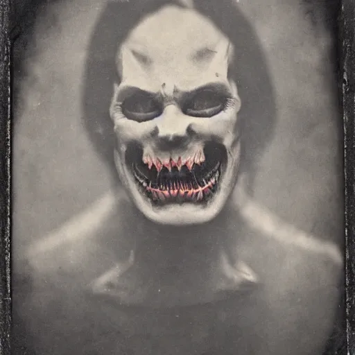 Image similar to demon human with shark jaws, with an evil grin. portrait, tintype, realistic. scary.