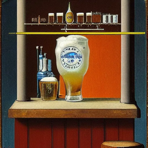 Image similar to A pint of beer sitting on a bar as painted by Joseph Cornell