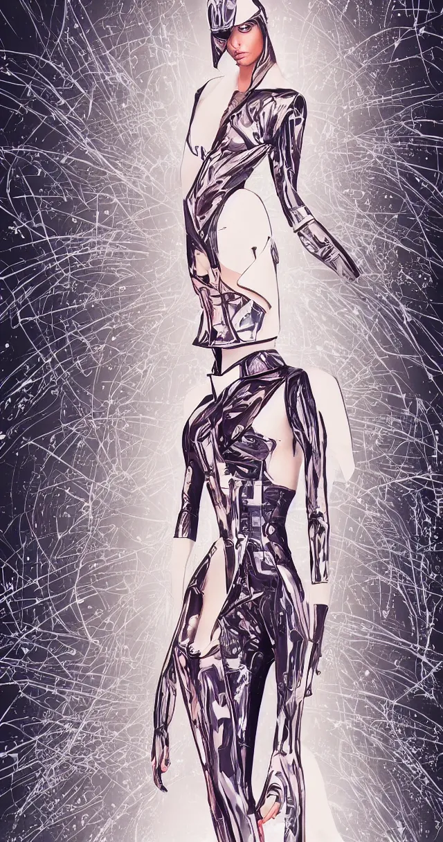 Prompt: futuristic fashion show, beautiful model, full body illustration, highly detailed,