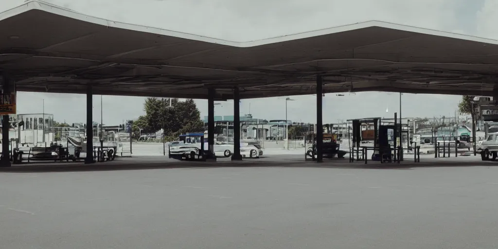 Image similar to port byron travel plaze bus station, leica, 2 4 mm lens, cinematic screenshot from the 2 0 0 1 surrealist film directed by charlie kaufman, kodak color film stock, f / 2 2, 2 4 mm wide angle anamorphic