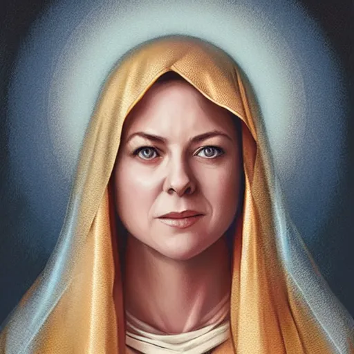 Prompt: melissa joan hart as virgin mary, digital illustration, by artgerm and greg rutkowski,