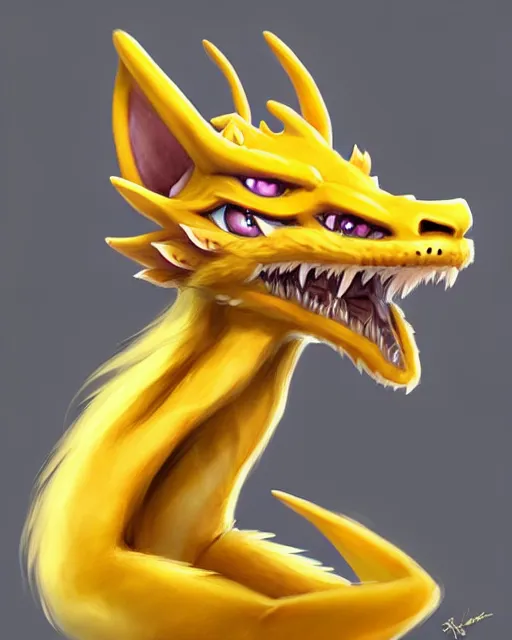 Image similar to character concept art of a cute young male anthropomorphic yellow dragon furry | | cute - fine - face, pretty face, key visual, realistic shaded perfect face, fine details by stanley artgerm lau, wlop, rossdraws, james jean, andrei riabovitchev, marc simonetti, and sakimichan, trending on artstation