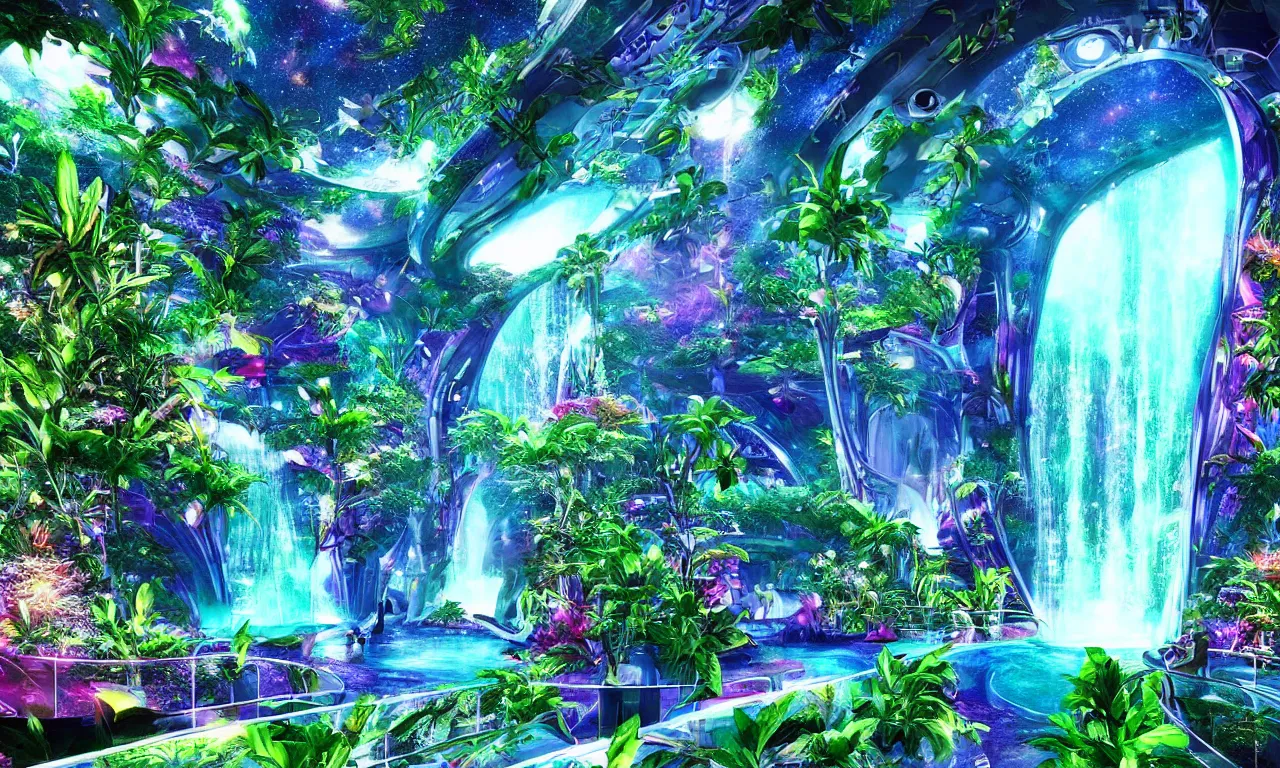 Prompt: paradise inside of a spaceship for humans in deep space, dance club vibes, massive windows showing deep space, natural, plants, water features, waterfalls, vibrant colors, fine details, hyperrealism, photograph, accurate depiction