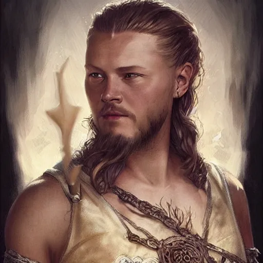 Prompt: Ragnar from Vikings in a dress, D&D, fantasy, intricate, cinematic lighting, highly detailed, digital painting, artstation, concept art, smooth, sharp focus, illustration, art by Artgerm and Greg Rutkowski and Alphonse Mucha