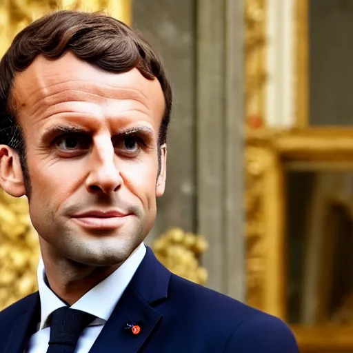 Image similar to Emmanuel Macron dressed as the queen of england, 50mm photography, high quality, 4K