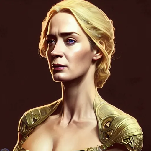 Prompt: Emily Blunt as Susan Storm, western, D&D, fantasy, intricate, elegant, highly detailed, digital painting, artstation, concept art, matte, sharp focus, illustration, art by Artgerm and Greg Rutkowski and Alphonse Mucha