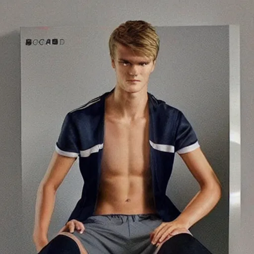 Image similar to a realistic detailed photo of a guy who is an attractive humanoid who is half robot and half humanoid, who is a male android, soccer player martin ødegaard, shiny skin, posing like a statue, blank stare, in a living room, on display, showing off his muscles, with a twin