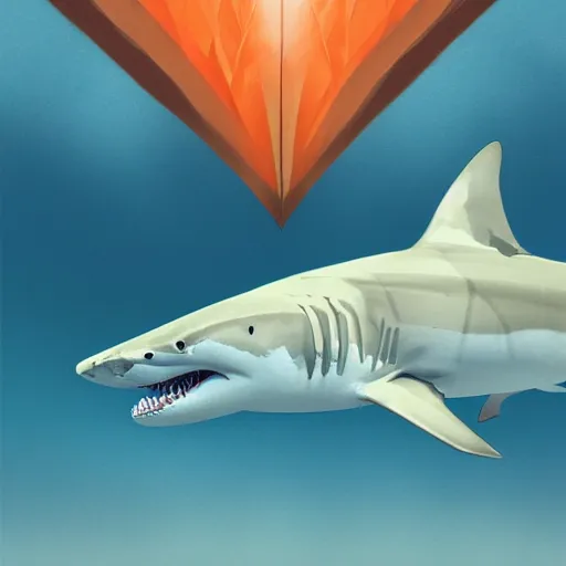 Image similar to great white shark, side view, with a silver and orange striped traffic cone construction cone on its dorsal fin, ocean background detailed atmospheric - ron cheng & alphonse mucha, highly detailed, digital painting, ray tracing, concept art, illustration, smooth sharp focus, intricate, symmetry, artstation,