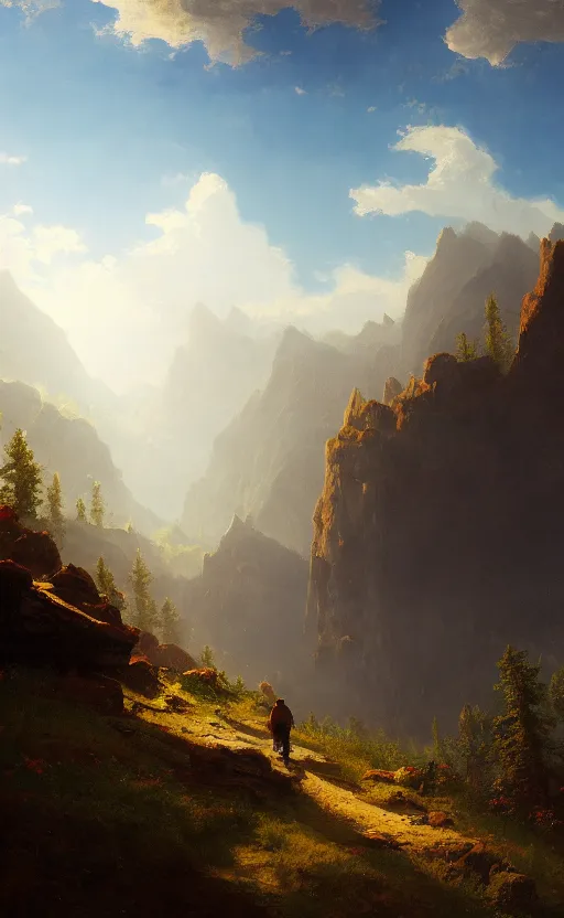 Image similar to a traveler wandering through the mountains looking at the clouds, very detailed, focused, oil painting, cinematic lighting, Albert Bierstadt, trending on Artstation