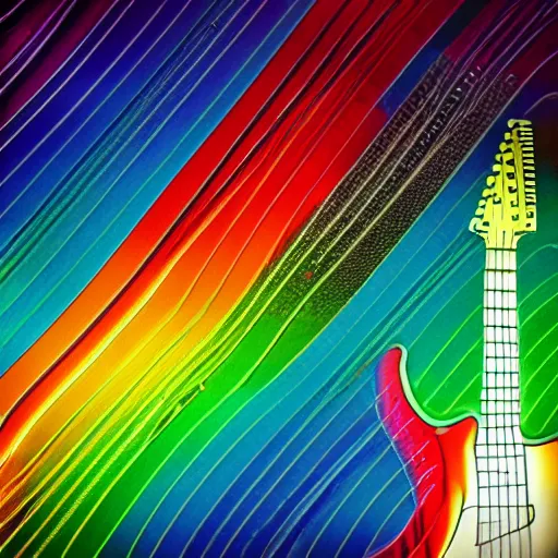 Prompt: Guitar strings reverberating rainbows out into space, retro futuristic, detailed