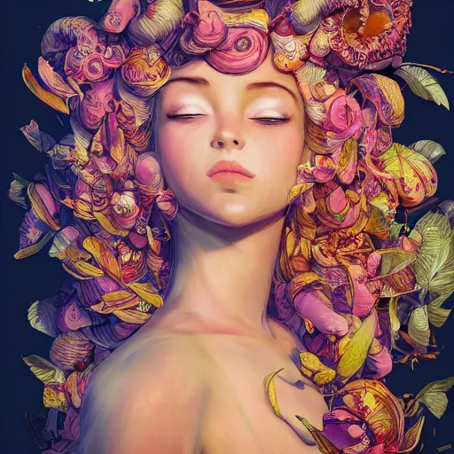 Prompt: the portrait of an absurdly beautiful, graceful, elegant young woman made of bananas and petals looking up, an ultrafine detailed illustration by kim jung gi, irakli nadar, intricate linework, bright colors, octopath traveler, final fantasy, angular, unreal engine 5 highly rendered, global illumination, radiant light, detailed and intricate environment