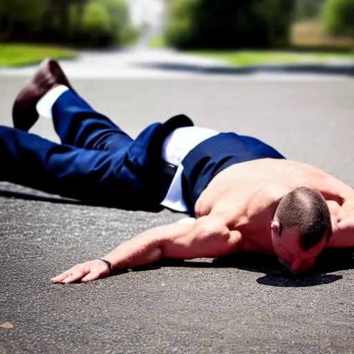 Prompt: a realistic photograph of a politican splooting on the ground