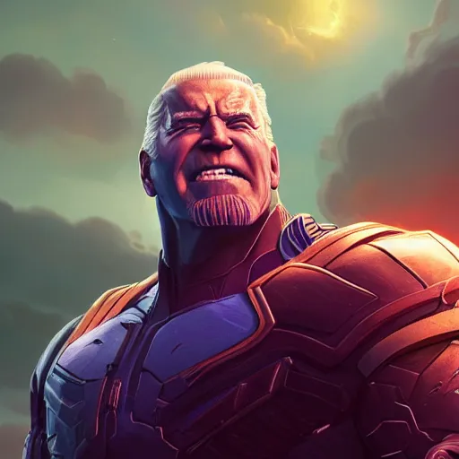 Image similar to joe biden is thanos vs trump, fantasy, high detail, elegant, digital painting, cinematic lighting, textured skin, highly detailed, artstation, unreal engine 5, breathtaking, illustration, ilya kuvshinov, nikolay makovsky