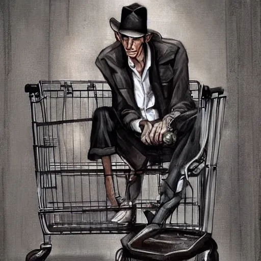 Image similar to nick valentine is sitting in a shopping cart, realism, stylization of art