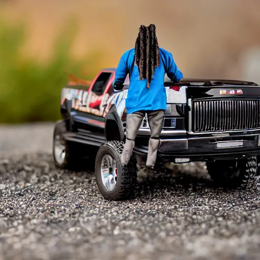 Image similar to black man action figure with dreads standing on top of a black rc pickup truck, close up photograph, white background