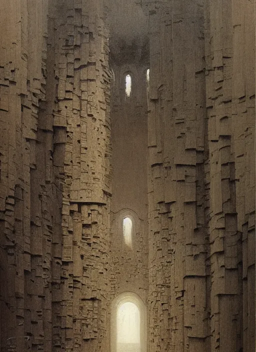 Image similar to crumbled paper bag paper cathedral inside paper bag crumbled Edward Hopper and James Gilleard, Zdzislaw Beksinski, highly detailed