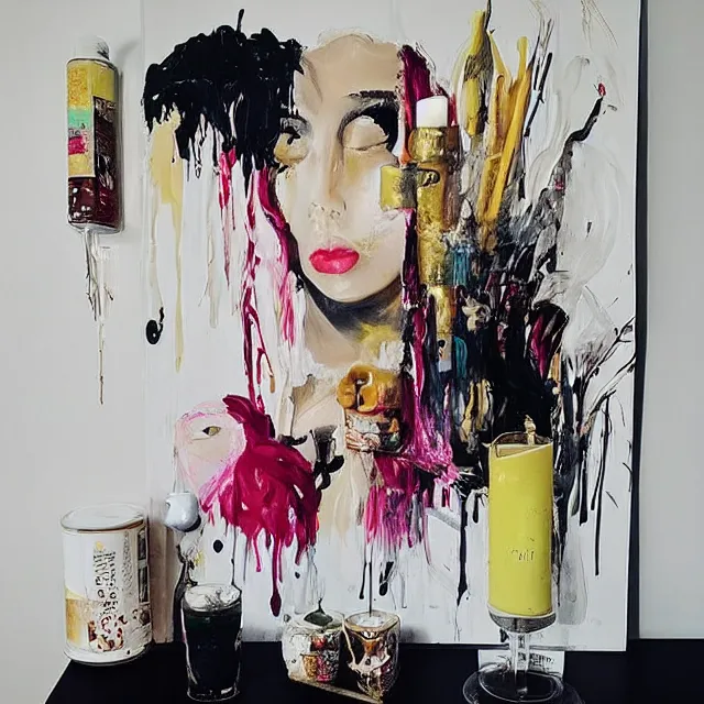 Prompt: “ a portrait in a female art student ’ s apartment, sensual, a golden doodle theme, art supplies, paint tubes, ikebana, herbs, a candle dripping white wax, black walls, squashed berries, berry juice drips, acrylic and spray paint and oilstick on canvas, surrealism, neoexpressionism ”