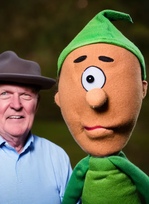 Image similar to portrait photo still of real life mr garrison with mr hat puppet, 8 k, 8 5 mm, f. 1 4