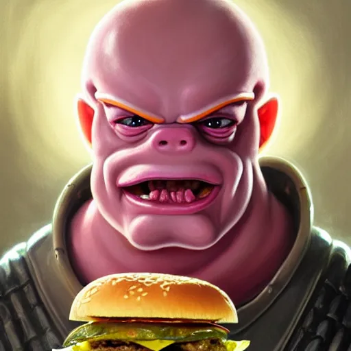 Prompt: portrait of krang from tmnt eating hamburgers, extra onions and ketchup, luscious patty with sesame seeds, feminine ethereal, handsome, d & d, fantasy, intricate, elegant, highly detailed, digital painting, artstation, concept art, matte, sharp focus, illustration, art by artgerm and greg rutkowski and alphonse mucha