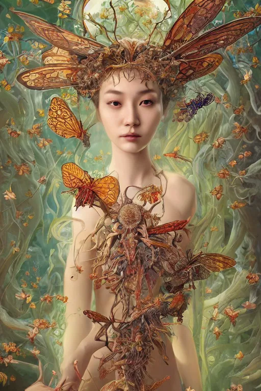 Image similar to breathtaking detailed concept art painting of the goddess of insects, orthodox saint, with anxious, piercing eyes, ornate background, amalgamation of leaves and flowers, by Hsiao-Ron Cheng, James jean, Miho Hirano, Hayao Miyazaki, extremely moody lighting, 8K