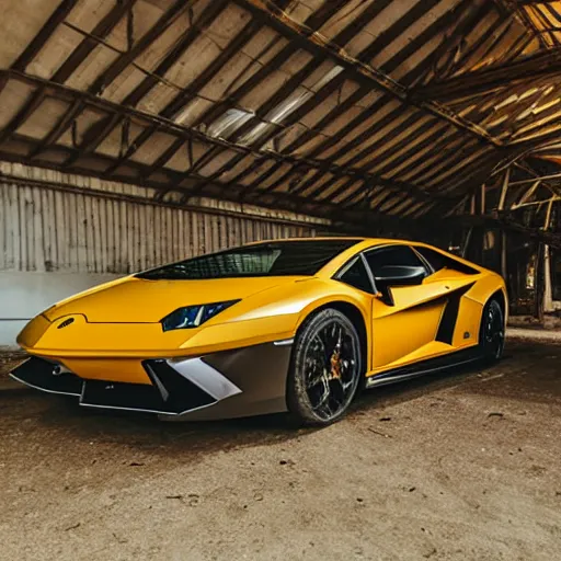 Image similar to lamborghini in a barn, rustic, vintage, aesthetic