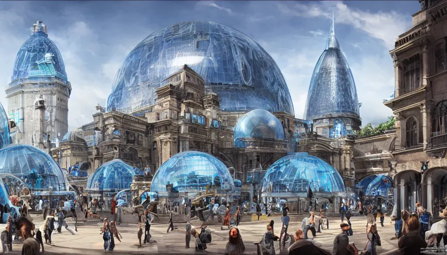 Prompt: futuristic london's zoo with blue glass domes, crowded place with shops and marble fountain, sunny day, hyperdetailed, artstation, cgsociety, 8 k